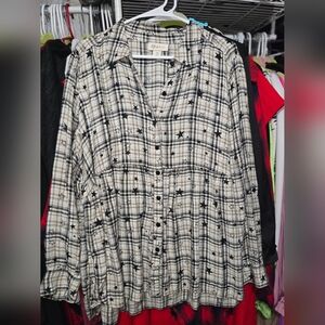 NWOT 2X Style & Co Womens Top 2X Plaid Star Long Sleeve Button Up Shirt Rayon